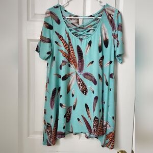 Women's Feather Print Top - Turquoise